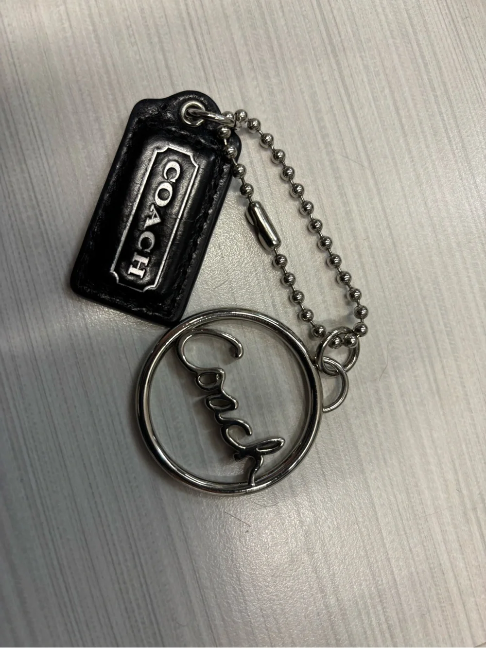 COACH Black Leather & Silver Logo Keychain